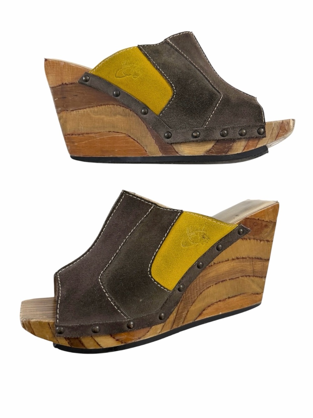 2000s John Fluevog Nazareth Color Block Suede Platform Wedge Mule Sandal